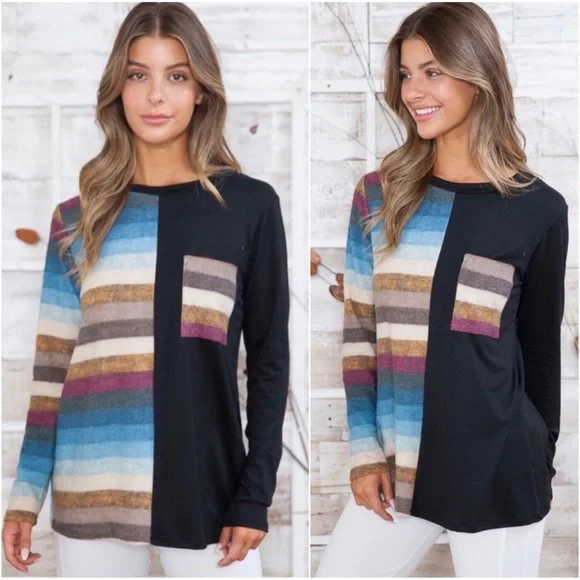 1 LEFT! USA MADE Gorgeous Hacci Brushed Soft Trendy Striped Women’s Pocket Top - Picture 3 of 4